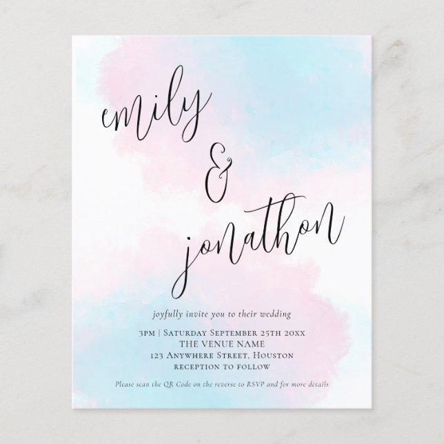 Papier Aquarelle Budget bleu rose QR Code Mariage Invitat (Devant)