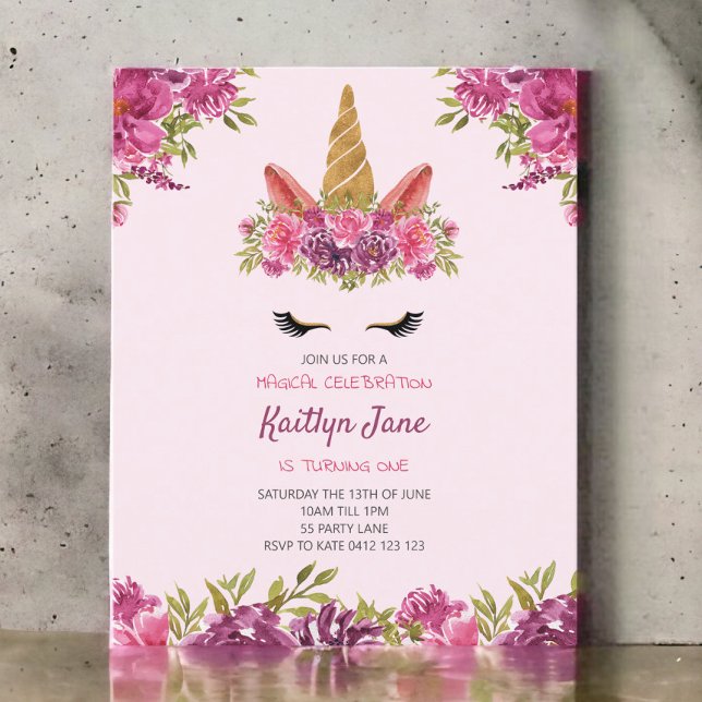 Papier Aquarelle BUDGET Floral Unicorn rose Invitation (Créateur téléchargé)