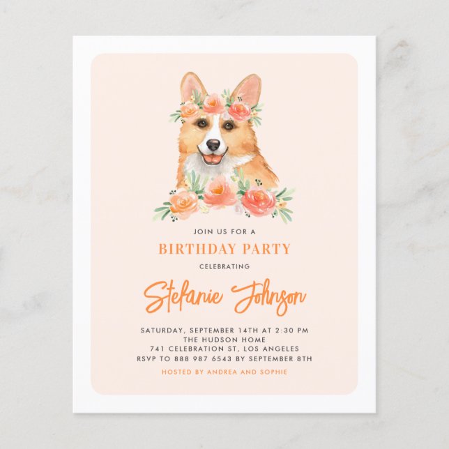 Papier Aquarelle Corgi Peach Invitation de fête d'anniver (Devant)