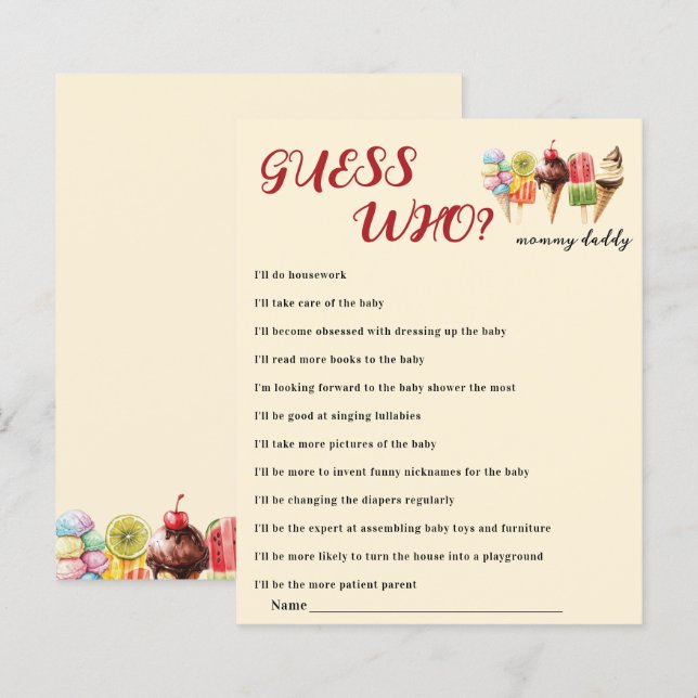 Papier Aquarelle Crème glacée Baby shower Devinez Qui Jou (Devant / Derrière)