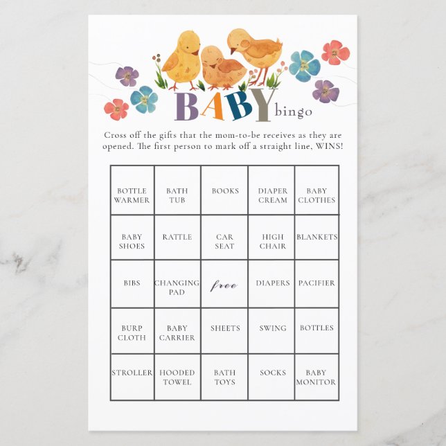 Papier Aquarelle Cute Petit Baby shower de poulet Bingo (Devant)