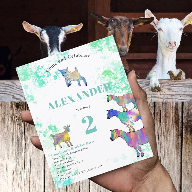 Papier Aquarelle de chèvres mignonnes Budget de la fête d (Cute goats colorful farm animal watercolor art 2nd birthday party budget invitation)