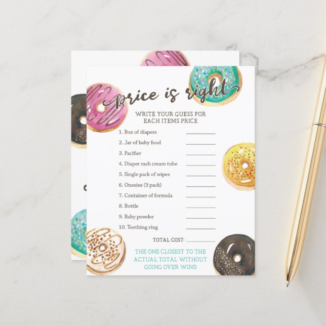 Papier Aquarelle Donut Baby shower Prix Jeu (Devant/Arrière en situation)