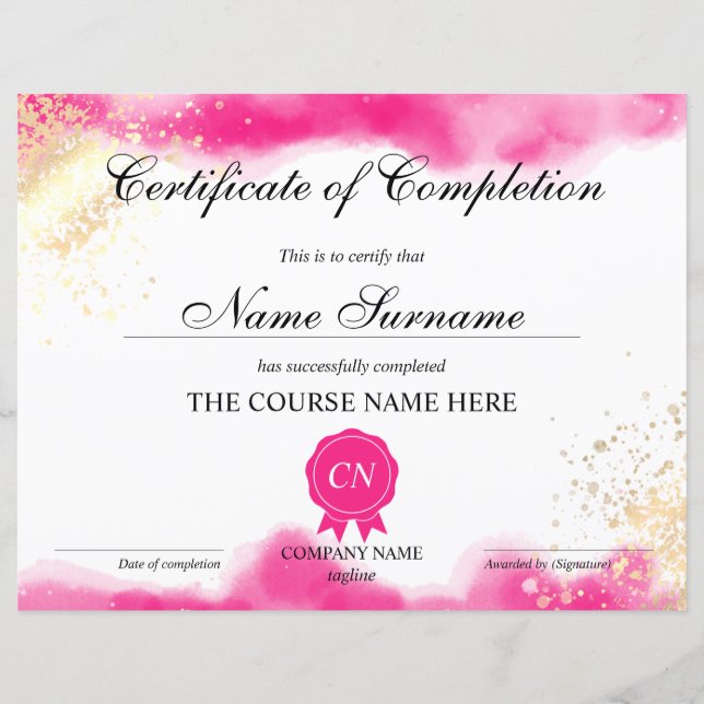 Papier Aquarelle du cours de certificat d'achèvement (Devant)