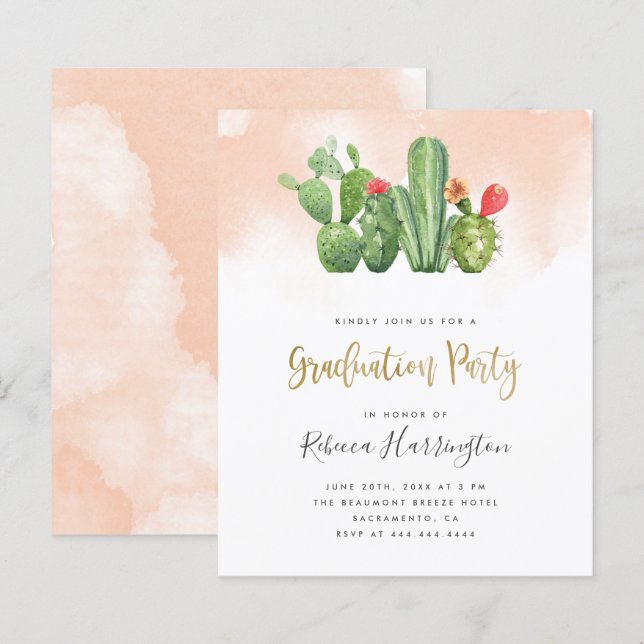 Papier Aquarelle et cactus Blush Budget Graduation Party (Devant / Derrière)