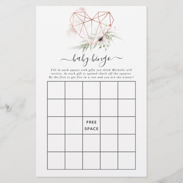 Papier Aquarelle Eucalyptus Baby shower géométrique Bingo (Devant)