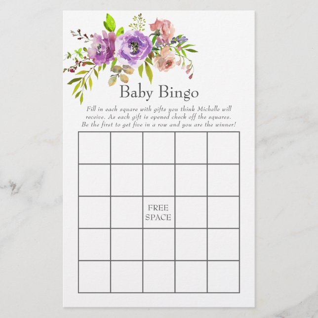 Papier Aquarelle Floral Baby shower de printemps Bingo (Devant)