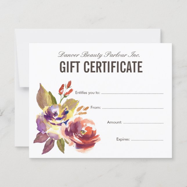 Papier Aquarelle Floral Beauté Salon Certificat cadeau (Devant)