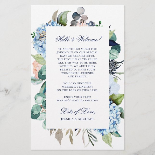 Papier Aquarelle Floral Bleu Mariage Itinéraire de bienve (Devant)