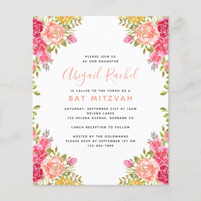 Papier Aquarelle Floral Budget Bat mitzvah Invitation (Devant)