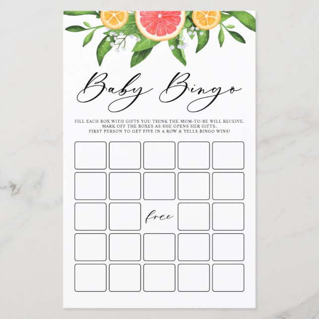 Papier Aquarelle Grapefruit Baby Baby shower de Bingo Jeu (Devant)