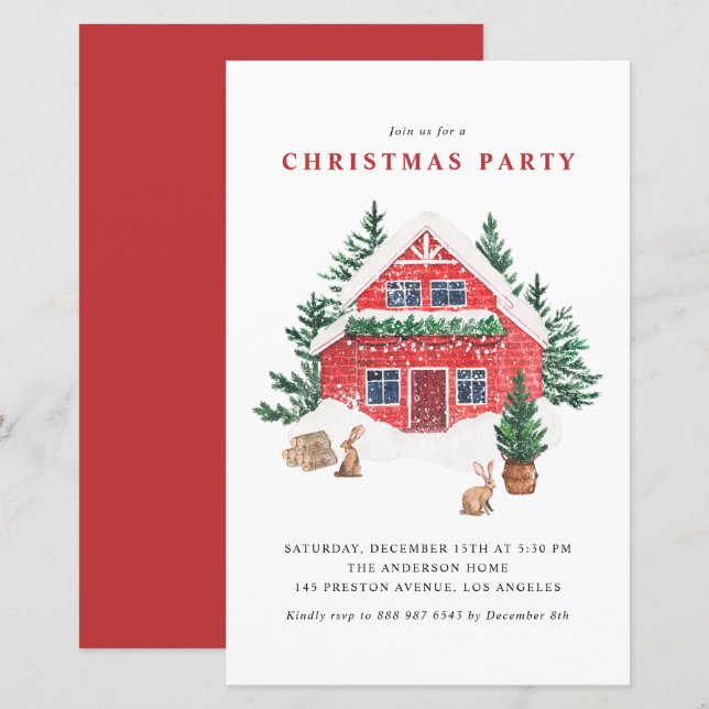 Papier Aquarelle hiver Cottage Noël Invitation (Devant / Derrière)