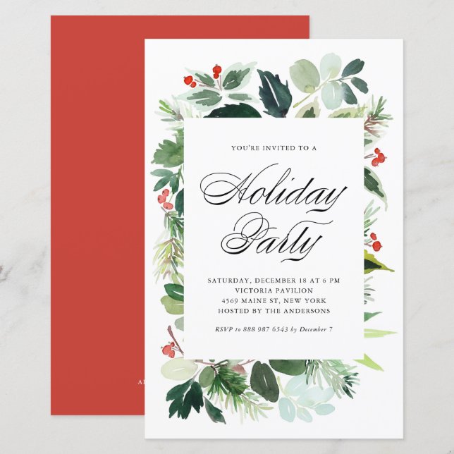 Papier Aquarelle Holly Greenery Fête Invitation (Devant / Derrière)