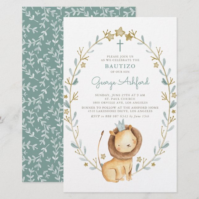 Papier Aquarelle Lion Prince Baby Boy Bautizo Invitation (Devant / Derrière)