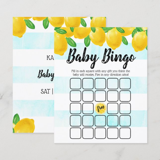 Papier Aquarelle moderne citron Baby shower Bingo (Devant / Derrière)