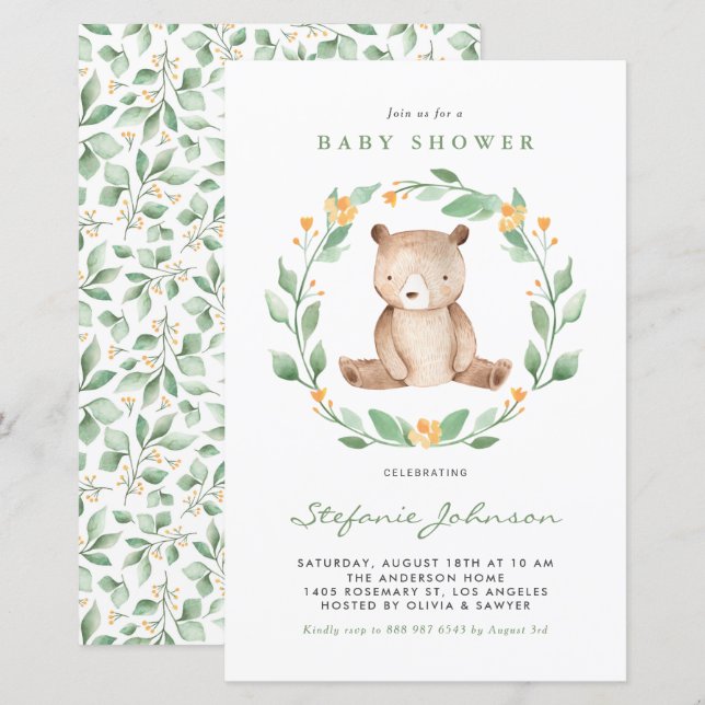 Papier Aquarelle Ours Vert Baby shower Invitation (Devant / Derrière)