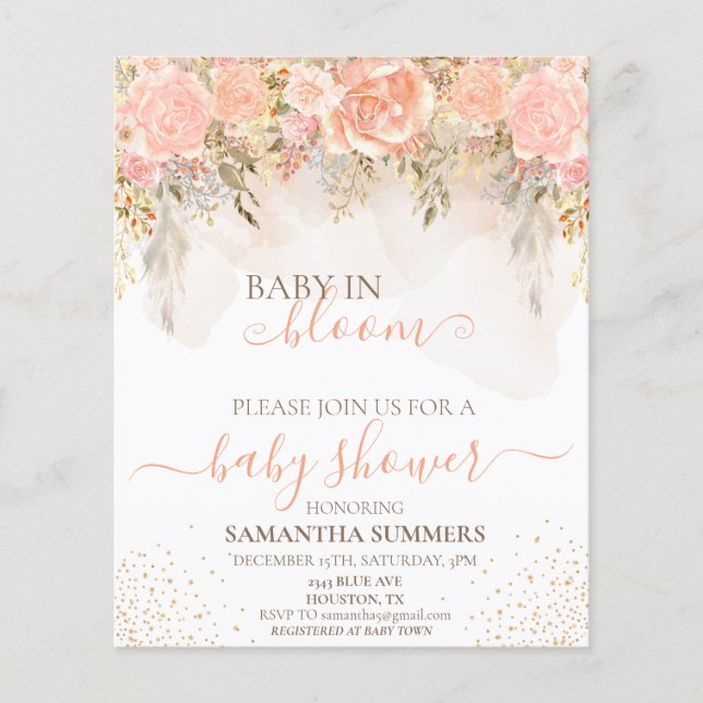 Papier Aquarelle Pêche Boho Dans Le Baby shower Fleur Fle (Devant)