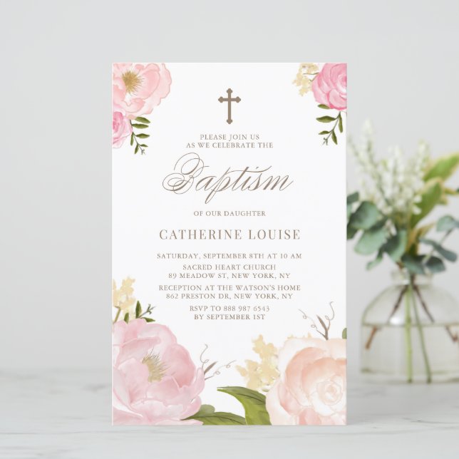 Papier Aquarelle Peonies roses Floral Baptism Invitation (Debout devant)