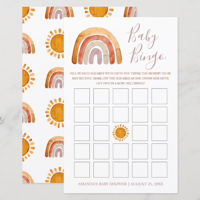 Papier Aquarelle personnalisée Boho Rainbow Baby Bingo (Devant / Derrière)