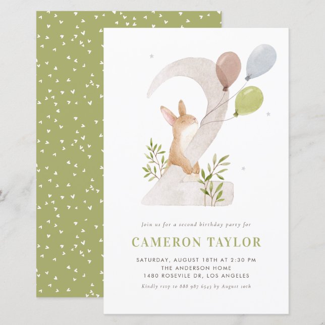 Papier Aquarelle Rabbit deuxième invitation anniversaire (Devant / Derrière)