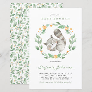Papier Aquarelle Raccoon Vert Bébé Brunch Invitation