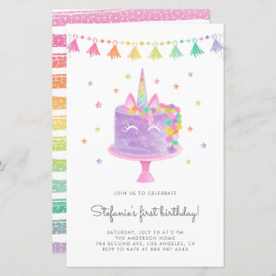 Papier Aquarelle Rainbow Unicorn Cake Invitation d'annive