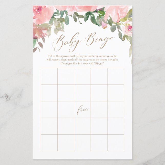 Papier Aquarelle rose Baby shower Floral Jeu de Bingo (Devant)