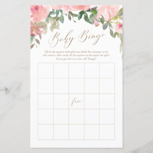 Papier Aquarelle rose Baby shower Floral Jeu de Bingo