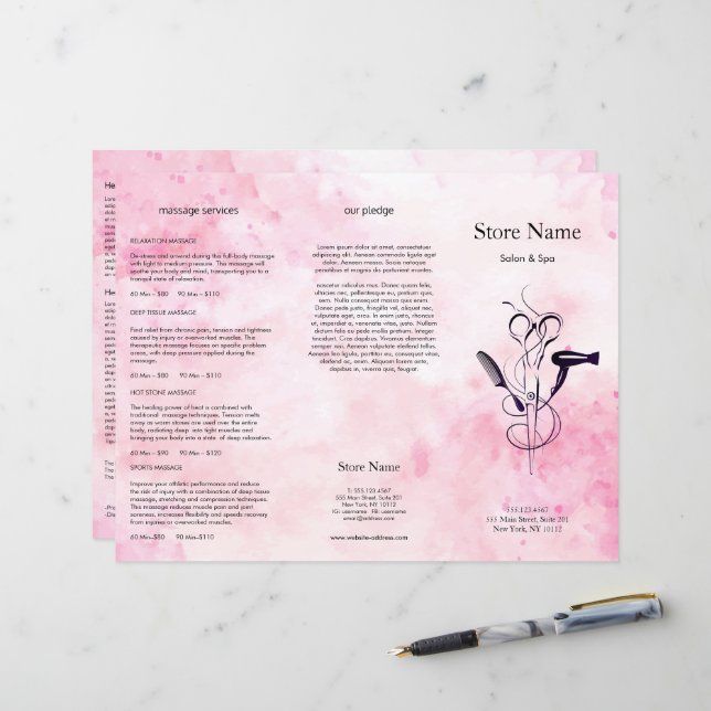 Papier Aquarelle rose Beauté Salon Tripli Bruchure (Devant/Arrière en situation)