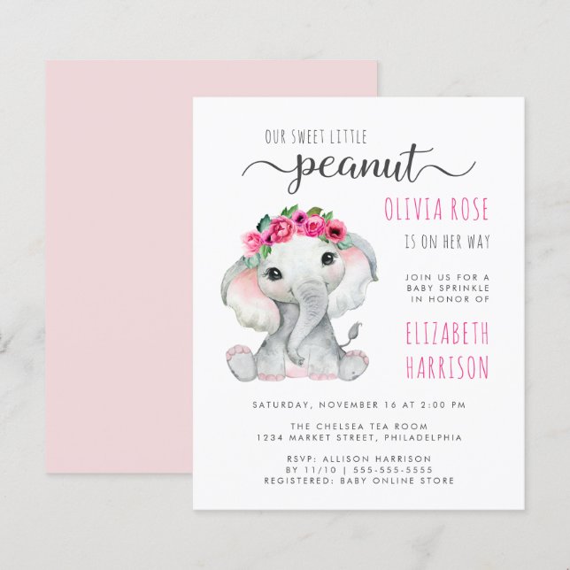 Papier Aquarelle rose budget Eléphant Bébé fille saupoudr (Devant / Derrière)