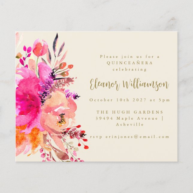 Papier Aquarelle rose budget Floral QUINCEAÑERA Invitatio (Devant)