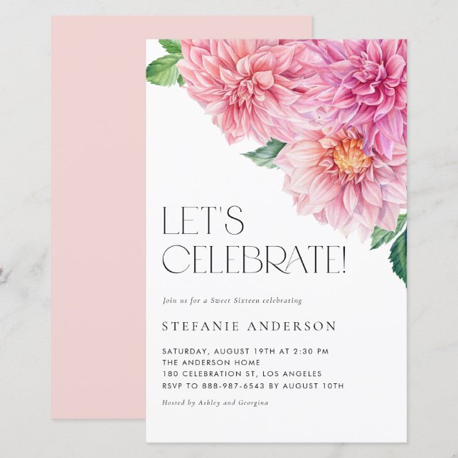 Papier Aquarelle rose Dahlia Sweet 16 Party Invitation (Devant / Derrière)