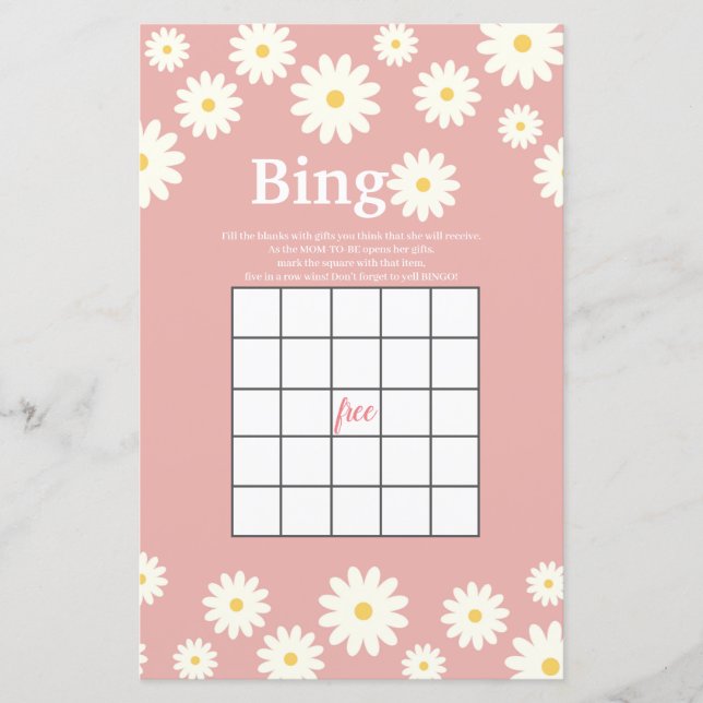 Papier Aquarelle rose et blanc de marguerite Jeu de Bingo (Devant)