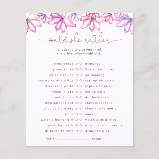 Papier Aquarelle rose Fête des mariées florale Jeu (Devant)