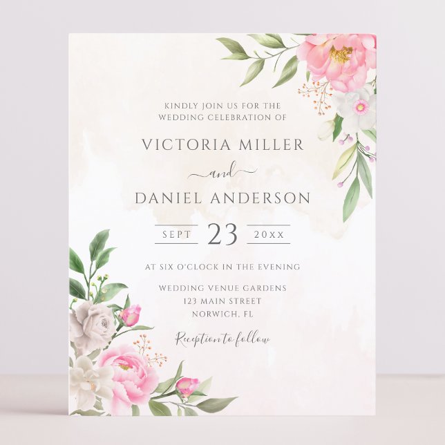 Papier Aquarelle rose Floral Élégant Mariage Invitation (Créateur téléchargé)