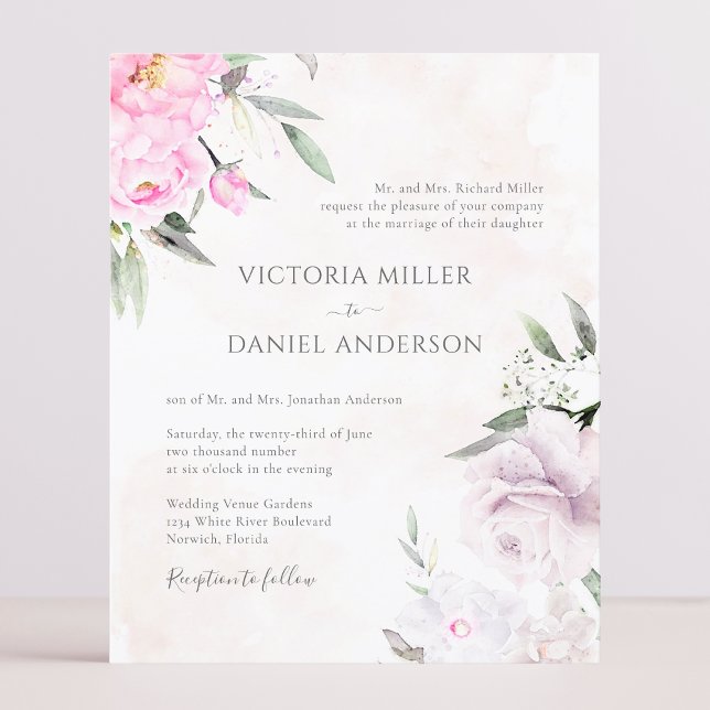 Papier Aquarelle rose Floral Élégant Mariage Invitation (Créateur téléchargé)