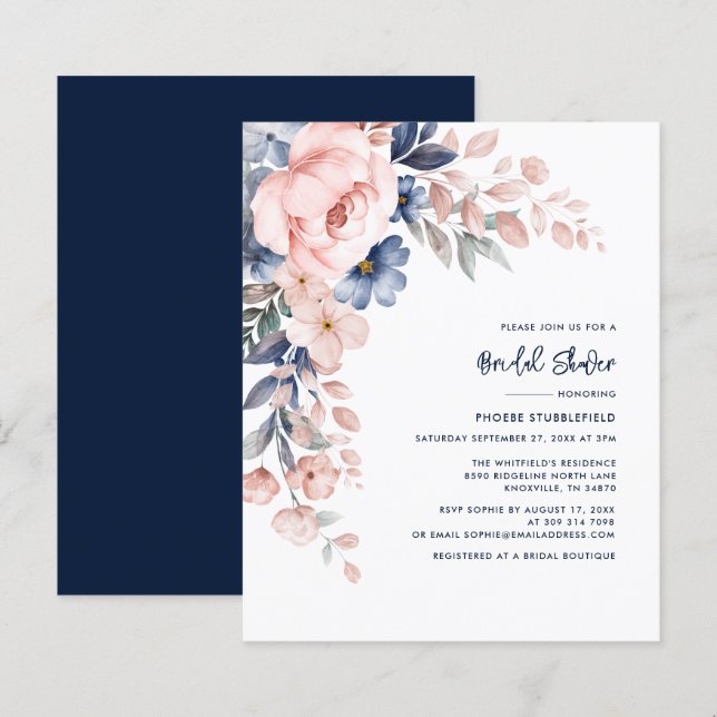 Papier Aquarelle rose Floral Invitation à la douche nupti (Devant / Derrière)