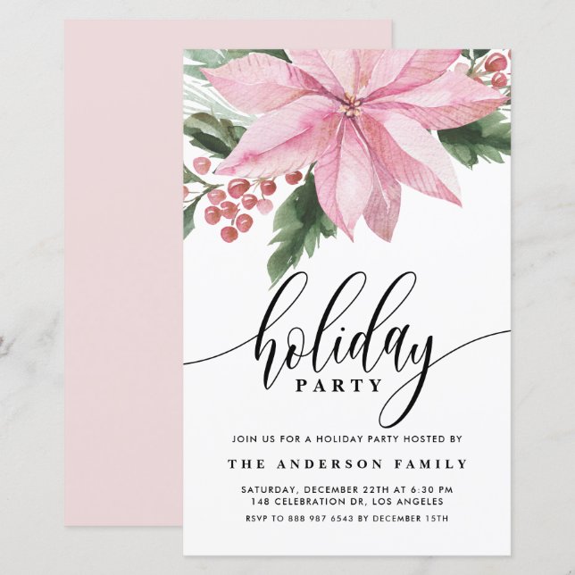 Papier Aquarelle rose Poinsettia Invitation de vacances (Devant / Derrière)