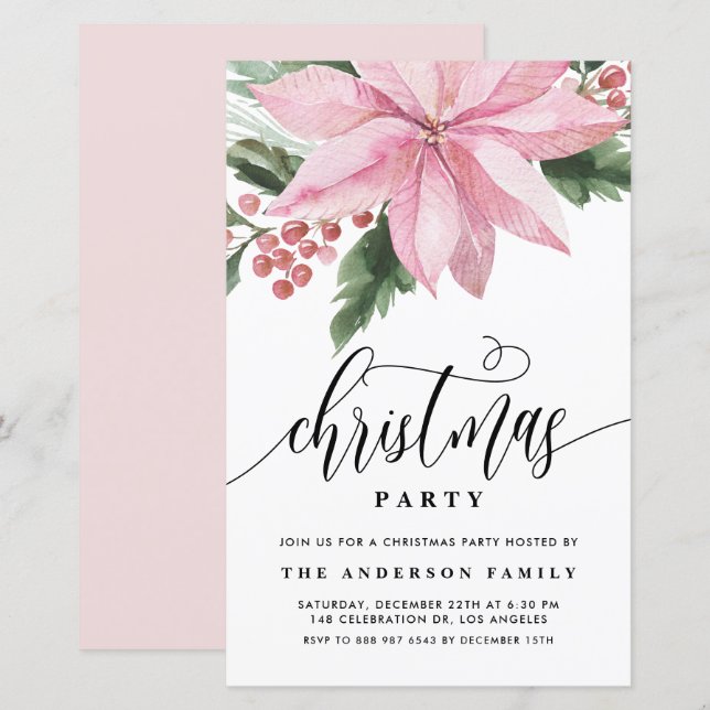 Papier Aquarelle rose Poinsettia Noël Invitation (Devant / Derrière)