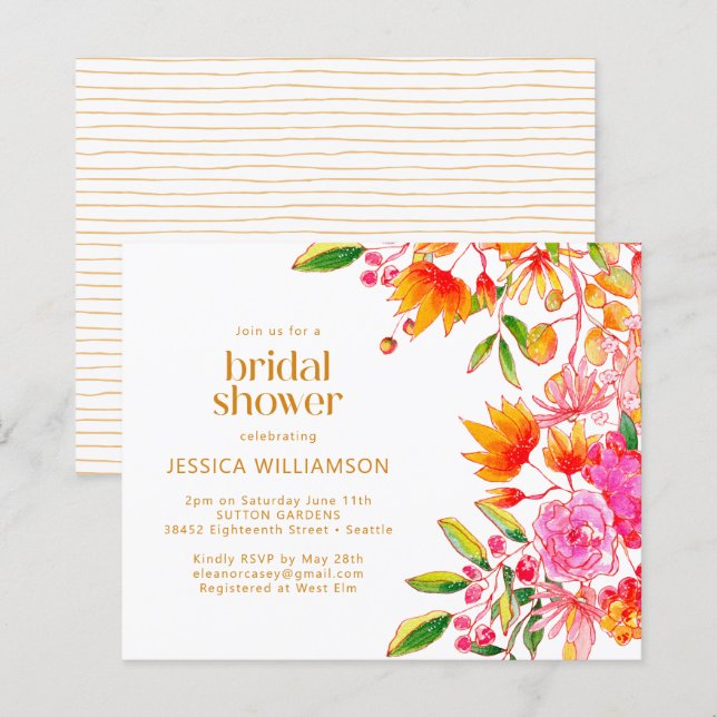 Papier Aquarelle rose rose orange budget Invitation de do (Devant / Derrière)