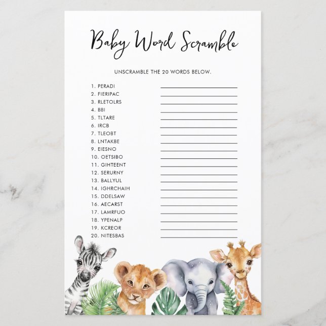 Papier Aquarelle Safari Baby shower Baby Word Scramble (Devant)