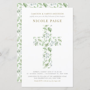 Papier Aquarelle Vert Croix Bébé Dédication Invitation