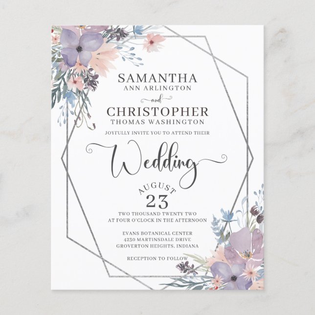 Papier Aquarelle violet budget Faire-part de mariage flor (Devant)