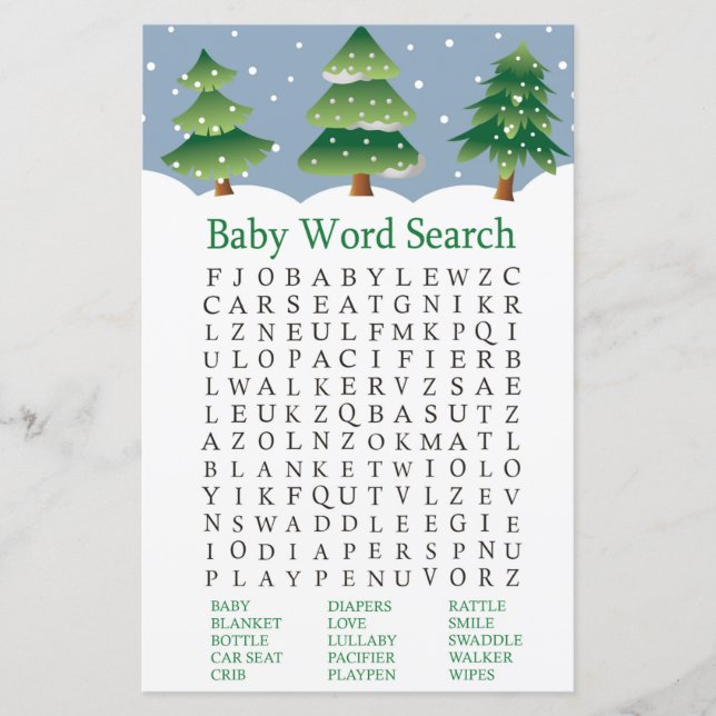 Papier Arbre de Noël Baby shower Mot de recherche Jeu (Devant)
