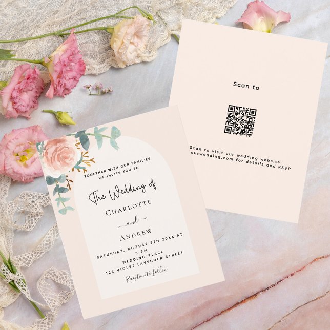 Papier Arc à broussailles rose floral QR RSVP faire-part  (Créateur téléchargé)
