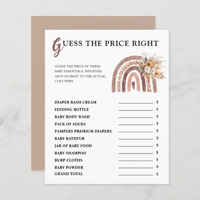 Papier Arc-en-ciel Boho | Devinez Le Baby shower Prix Jus (Devant / Derrière)