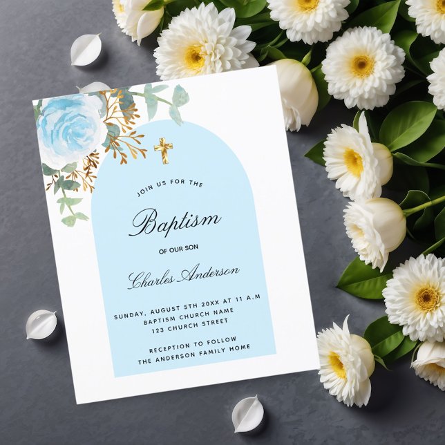 Papier Arc floral bleu budget baptême invitation (Créateur téléchargé)