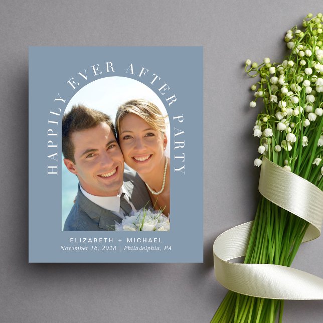 Papier Arch Photo QR Code Dusty Blue Réception Invitation (Celebrate your love story with an invitation showcasing your favorite photo in an elegant arch frame)