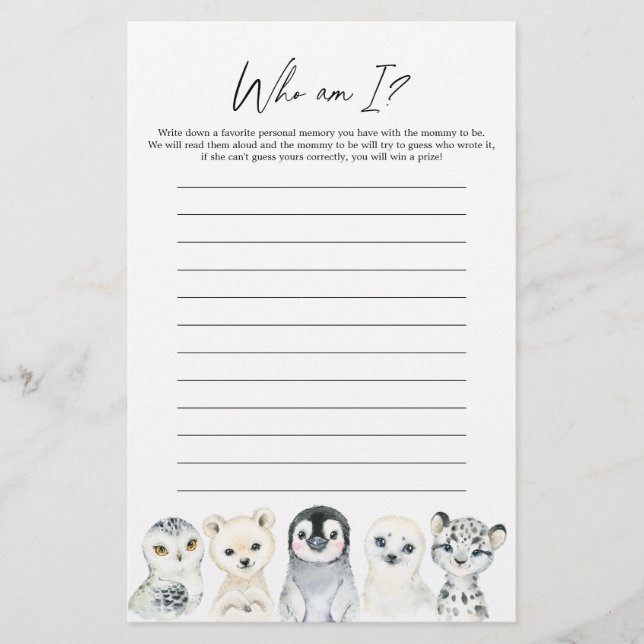 Papier Arctic Animaux Baby shower Qui Suis-Je Jeu (Devant)