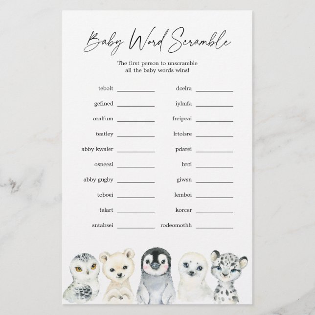 Papier Arctic Animaux Baby shower Word Scramble Jeu (Devant)
